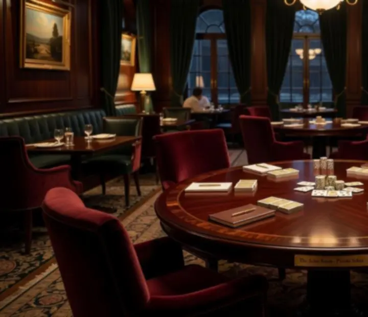 A refined card table set in the Pocketpairplatter Offline Poker Salon with neatly arranged decks and soft lighting