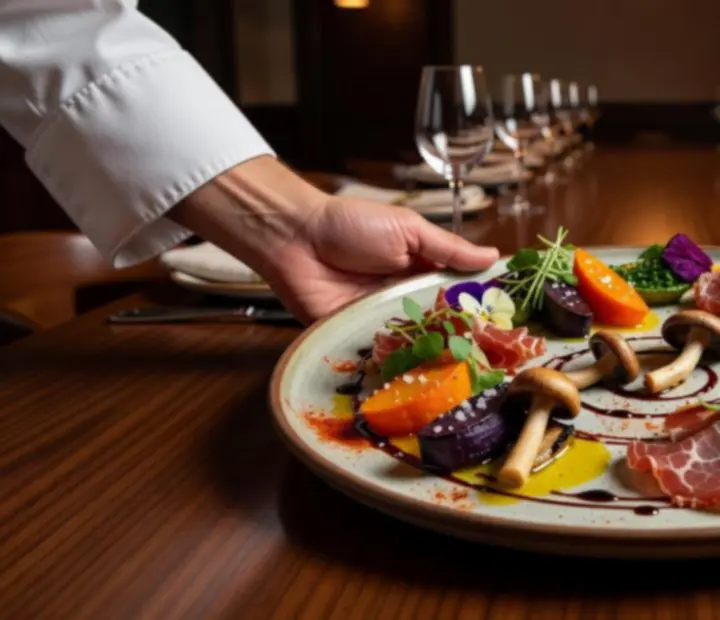 Chef presenting a seasonal shared platter at an intimate table in a contemporary dining room