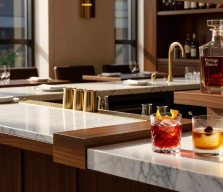 Elegant bar shelf at Pocketpairplatter featuring a curated selection of spirits and glassware