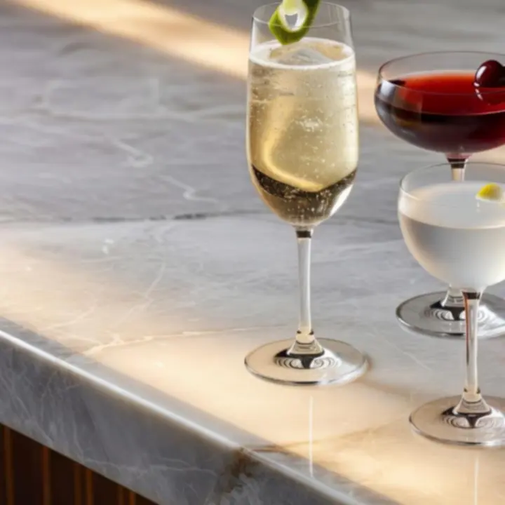 Close-up of elegant cocktail glassware in a minimal, platinum-toned setting
