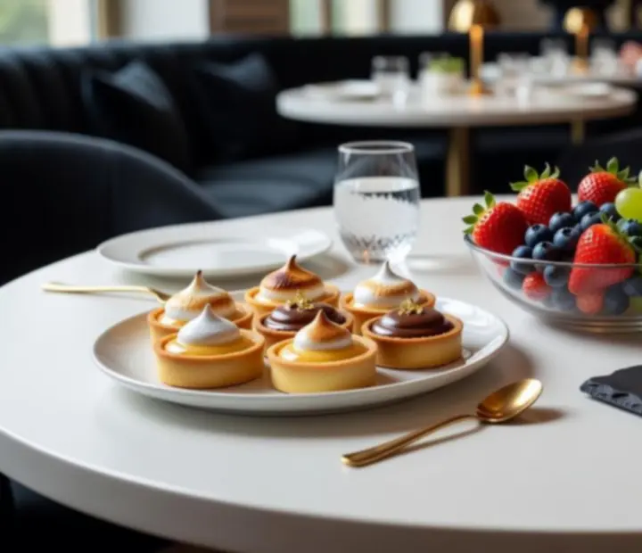Selection of contemporary dessert plates arranged at the centre of a shared table
