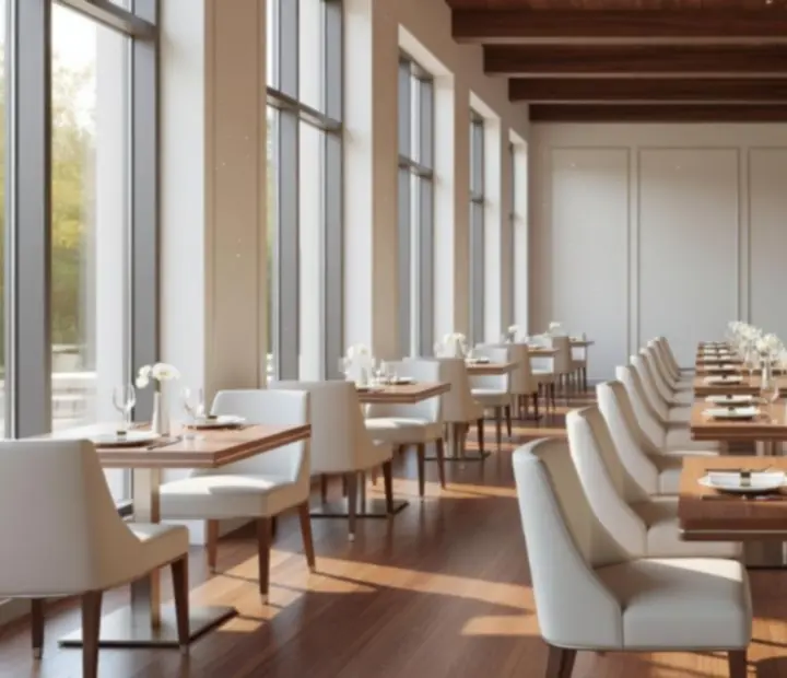 Pocketpairplatter's sunlit dining hall with elegant wood finishes and banquette seating