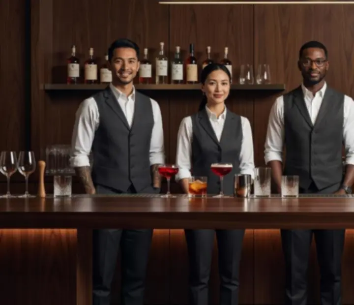 Pocketpairplatter bar team standing behind the counter in an elegant, minimal bar setting
