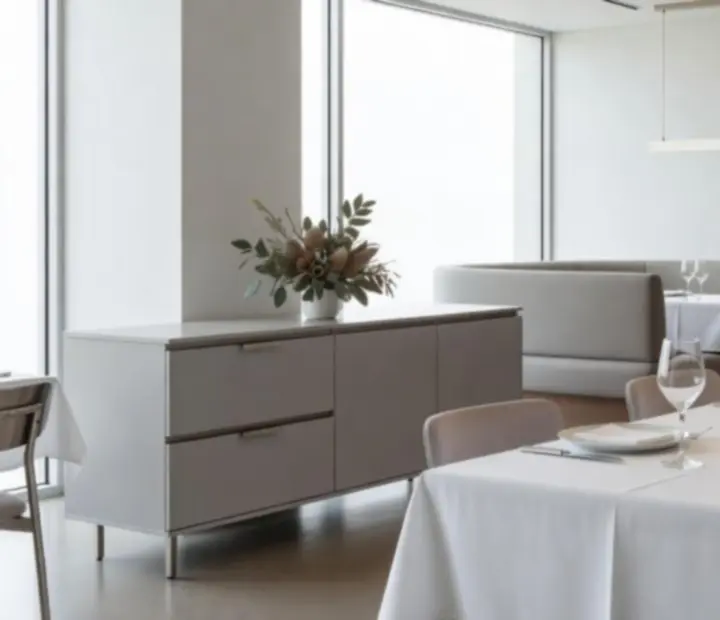 A private dining space at Pocketpairplatter prepared for an elegant event with crisp table settings